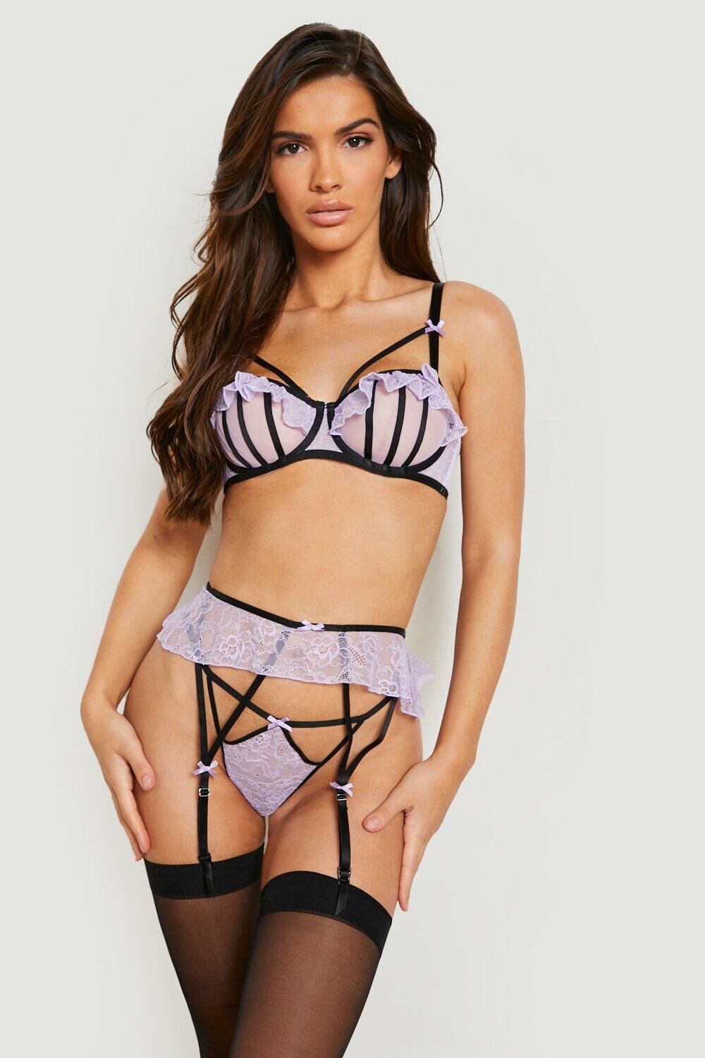 Boohoo Premium Lace Frill And Cage Detail Cut Out Bra- Purple  - Size: 36C