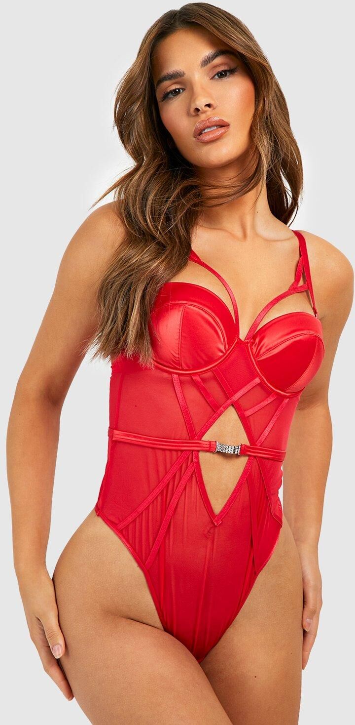 Boohoo Premium Diamante Detail Mesh Strapping Bodysuit- Red  - Size: 32B