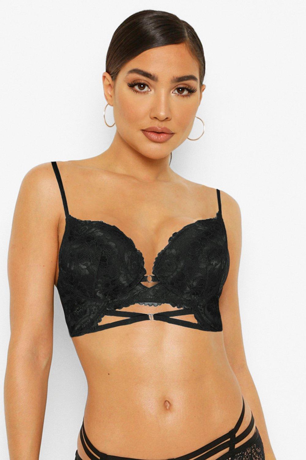 Boohoo Scallop Lace Strapping Super Push Up Bra- Black  - Size: 36D