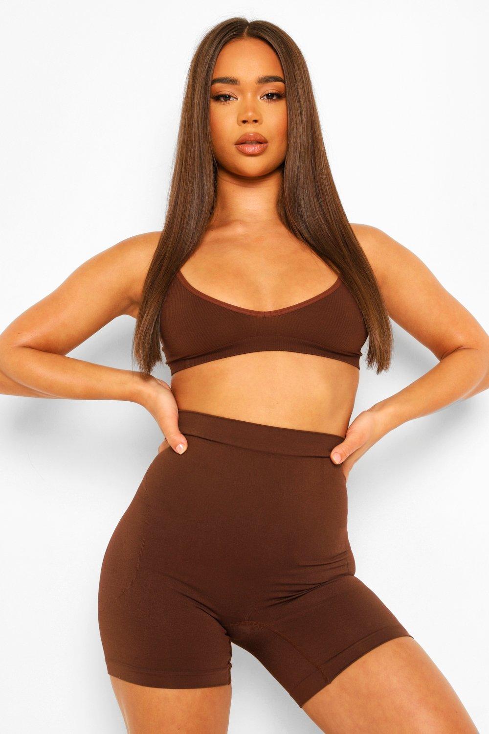 Boohoo High Waist Control Short- Brown  - Size: S