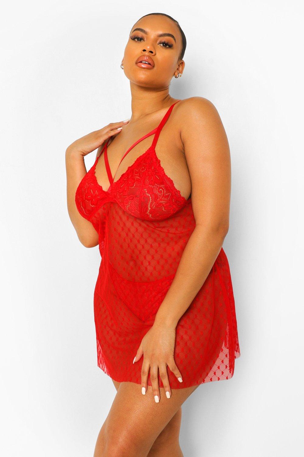 Boohoo Plus Mesh Heart Babydoll- Red  - Size: 16