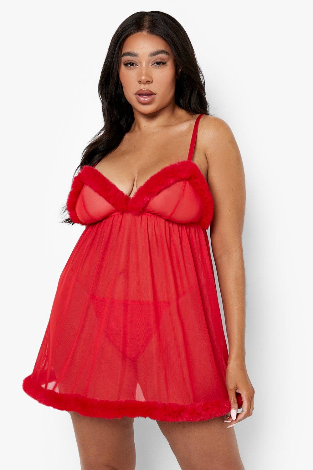 Boohoo Plus Fluffy Cup And Mesh Babydoll- Red  - Size: 16