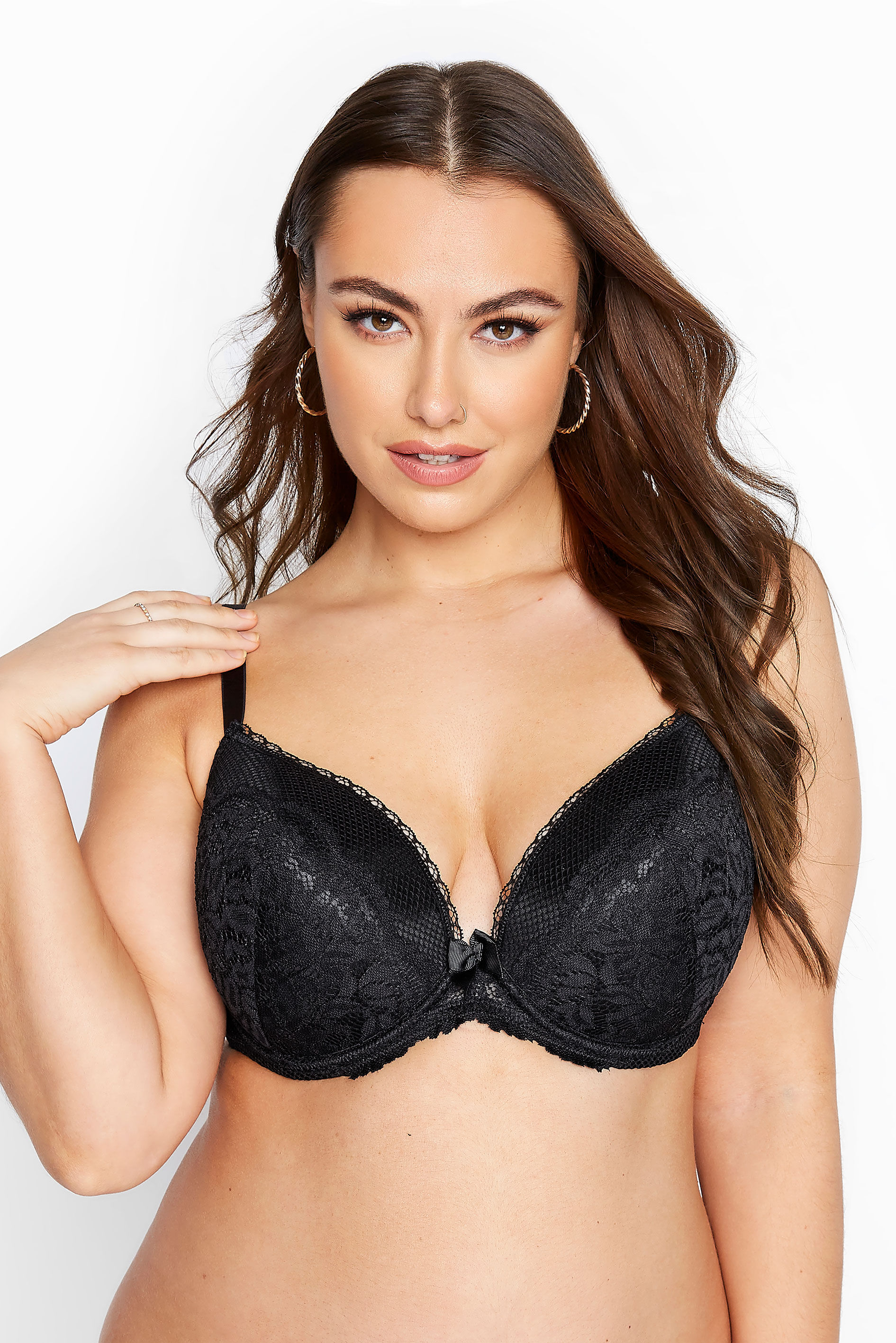 Yours Clothing Black lace and fishnet plunge bra