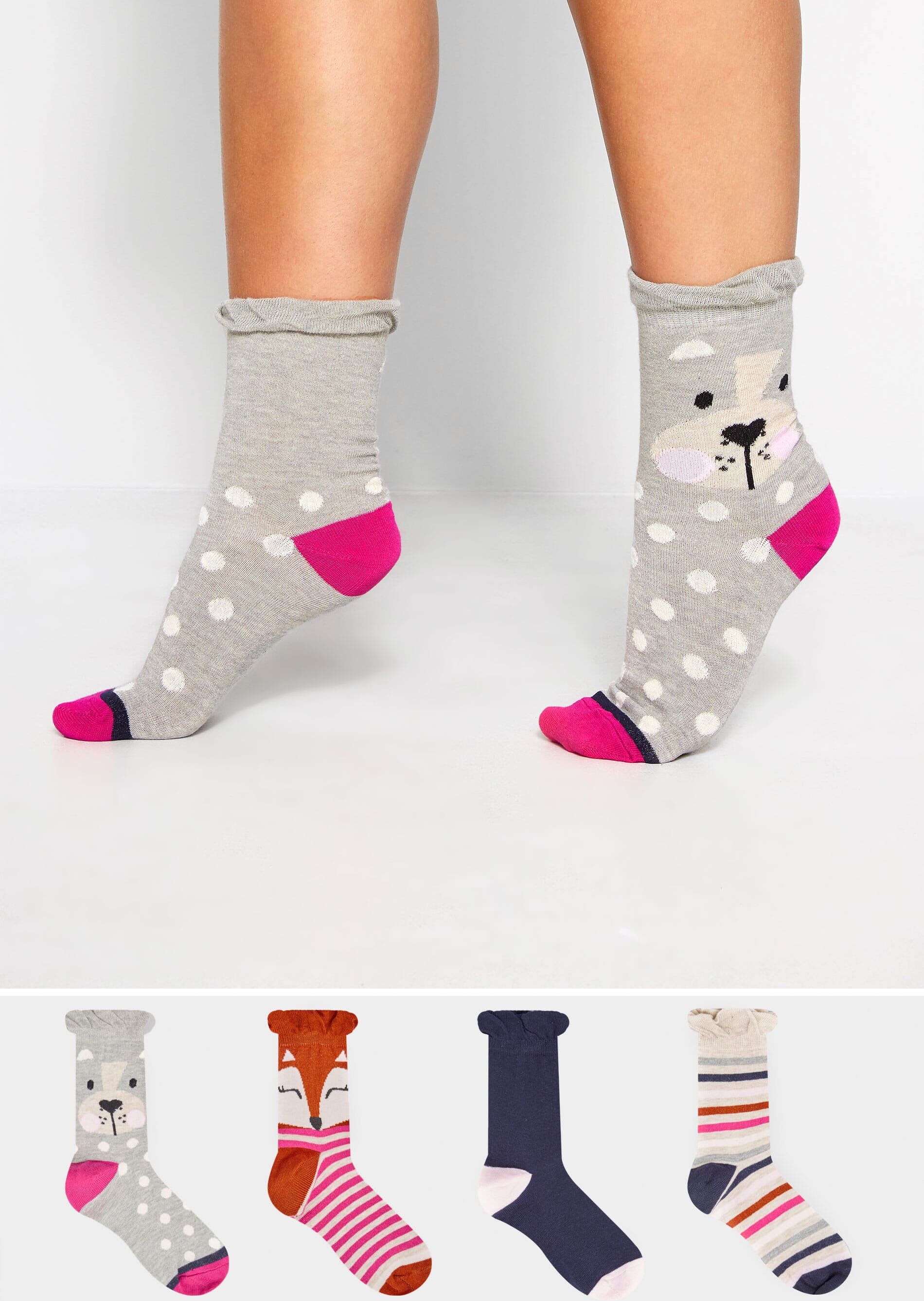 Yours Clothing 4 pack grey, navy & pink cute animal socks