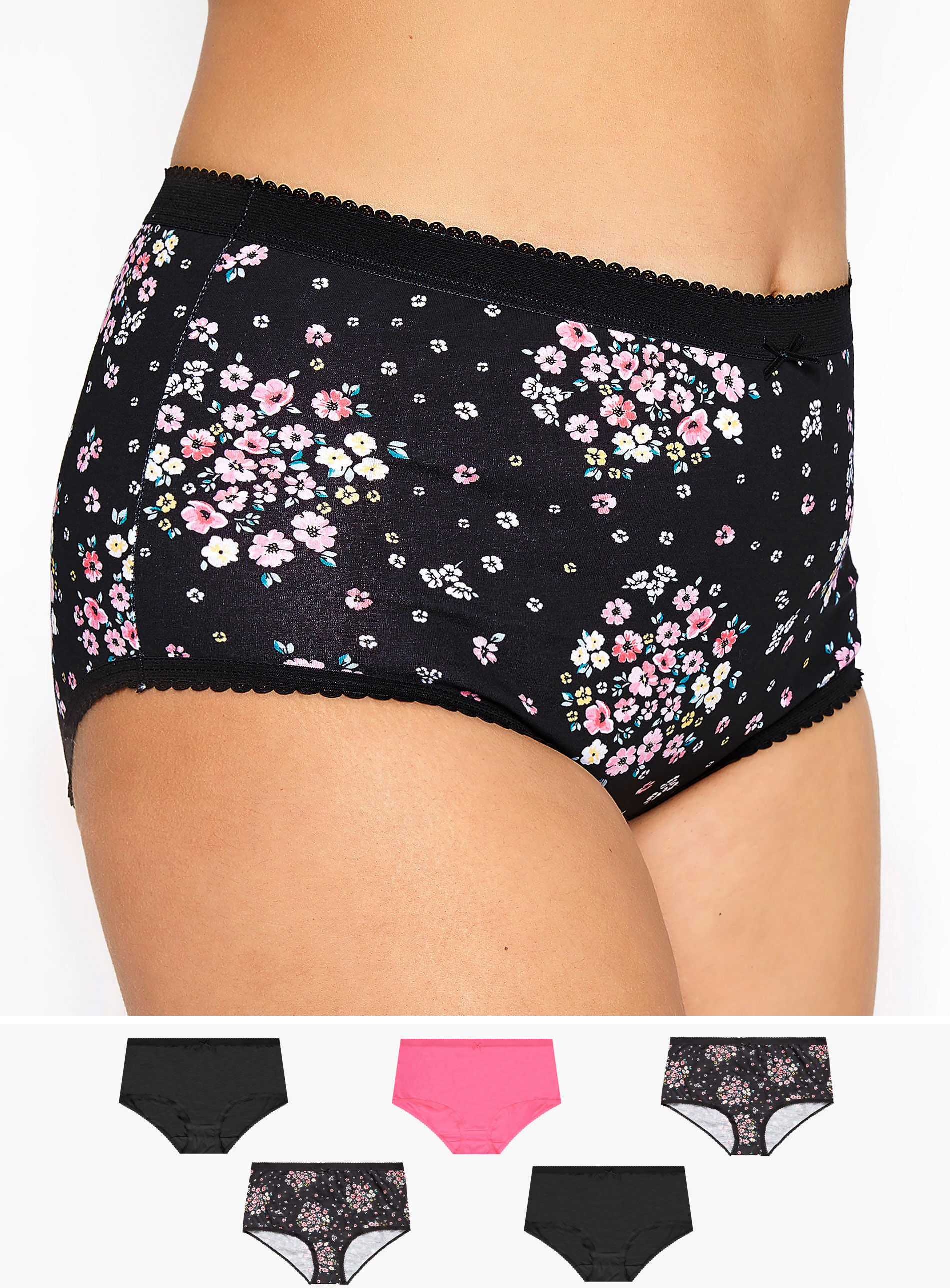 Yours Clothing 5 pack pink & black ditsy floral print full briefs