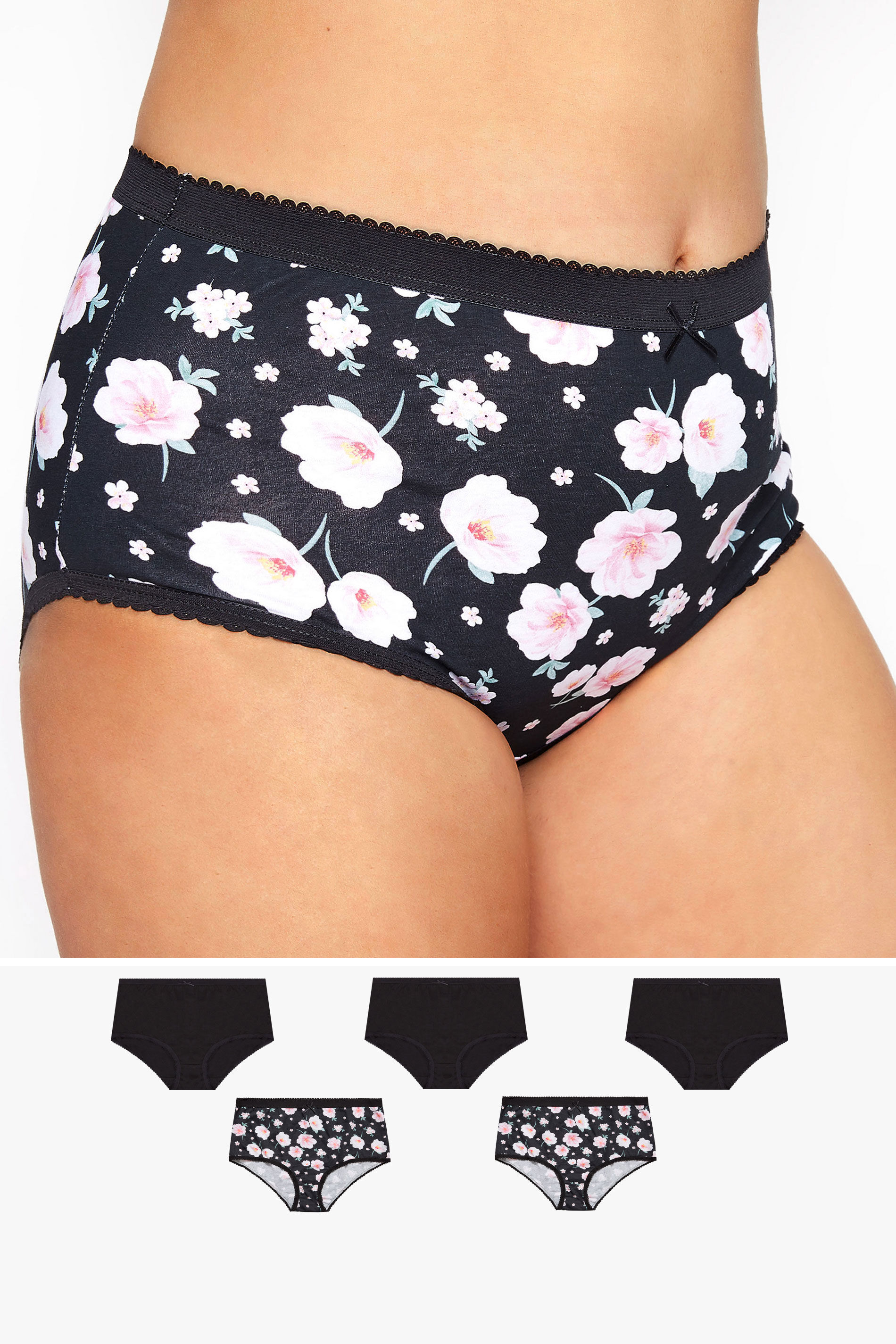 Yours Clothing 5 pack black large floral print full briefs