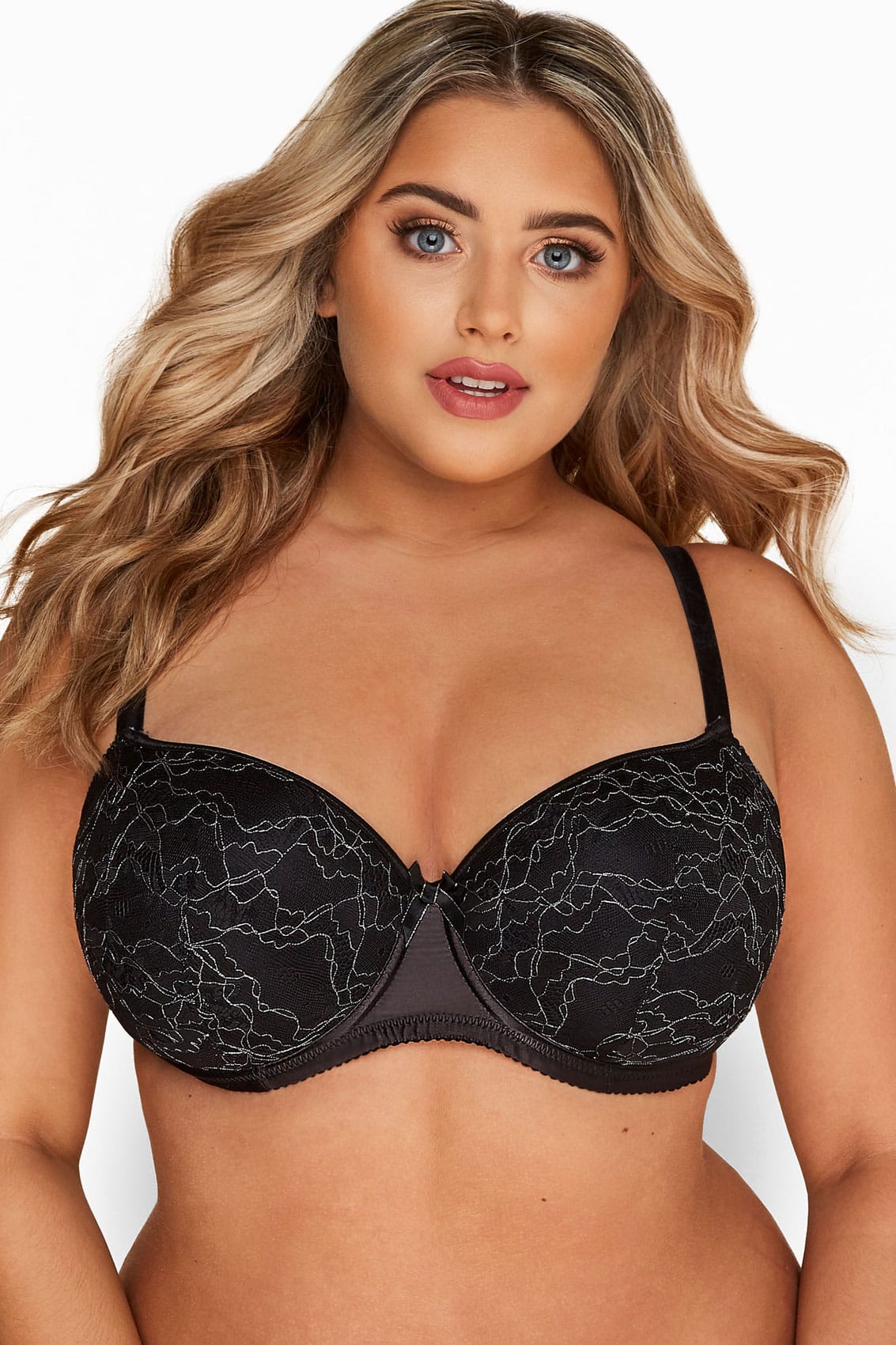 Yours Clothing Black metallic floral lace balcony bra