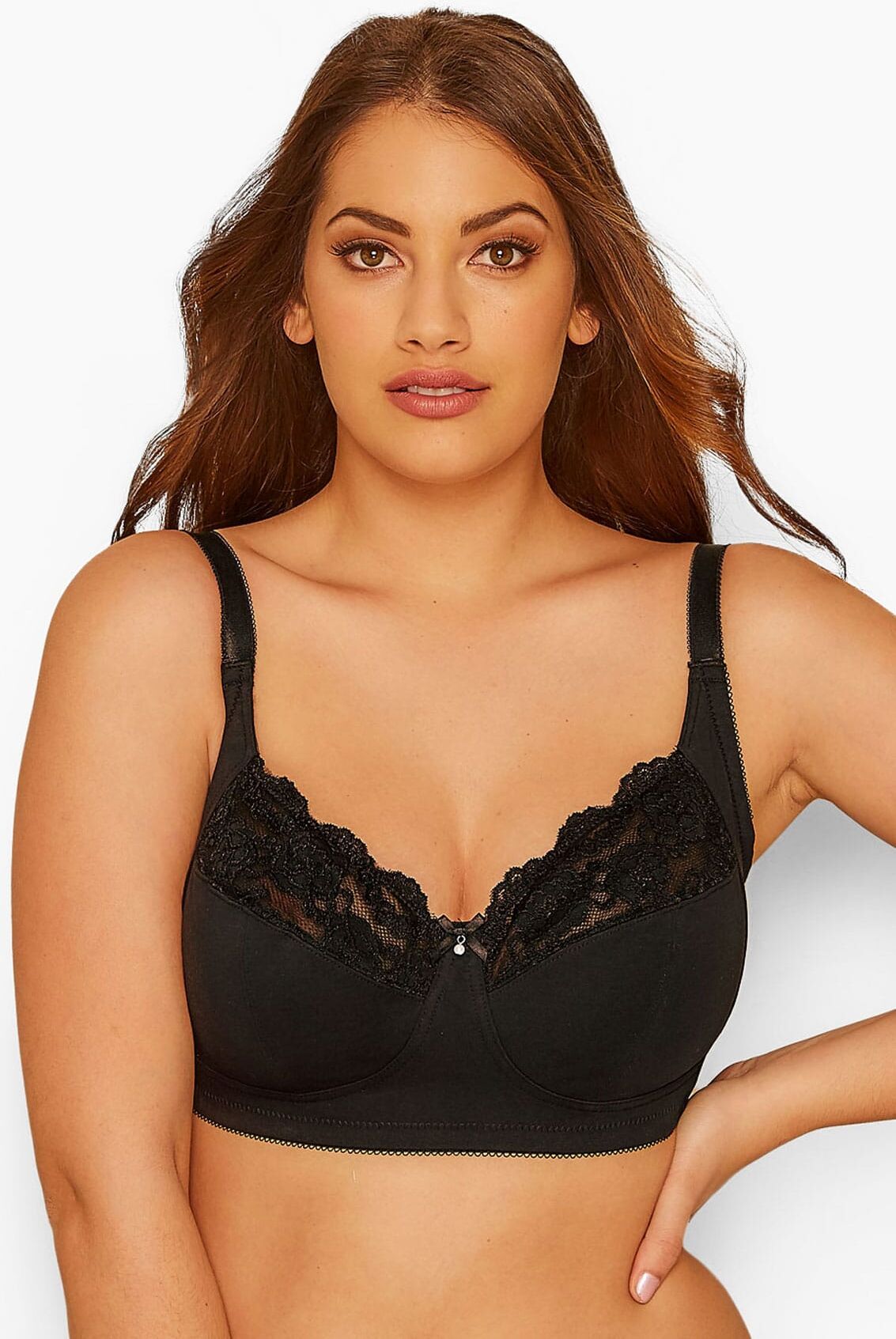 Yours Clothing Black nonwired cotton bra with lace trim  best seller