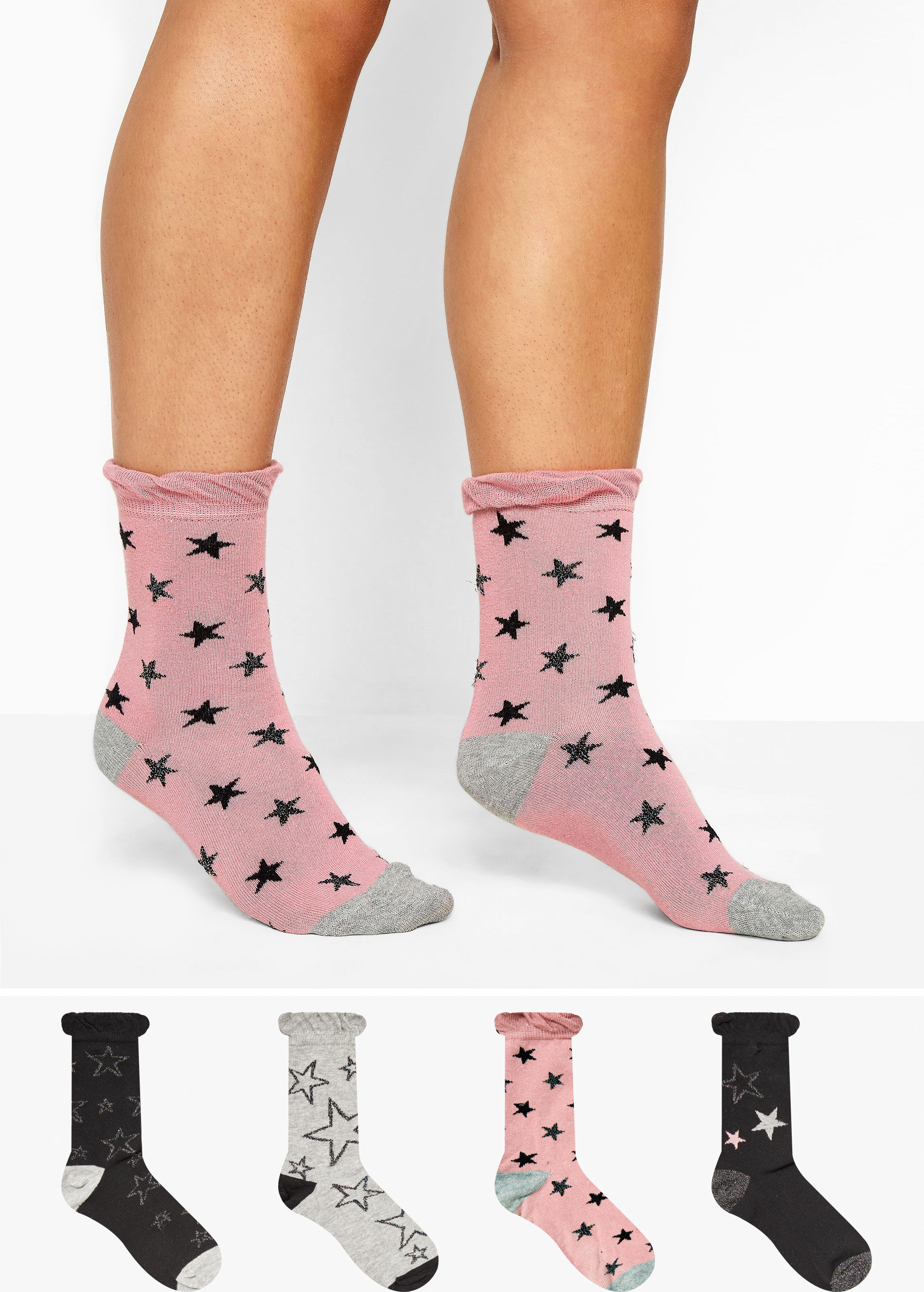 Yours Clothing 4 pack pink & black star socks