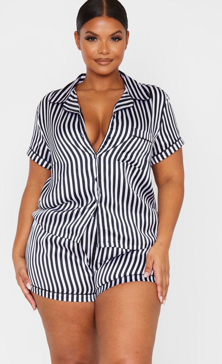 PrettyLittleThing Plus Monochrome Striped Satin PJ Set  - Monochrome - Size: 20