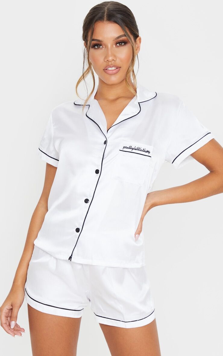 PRETTYLITTLETHING White Satin Pocket PJ Set  - White - Size: 8