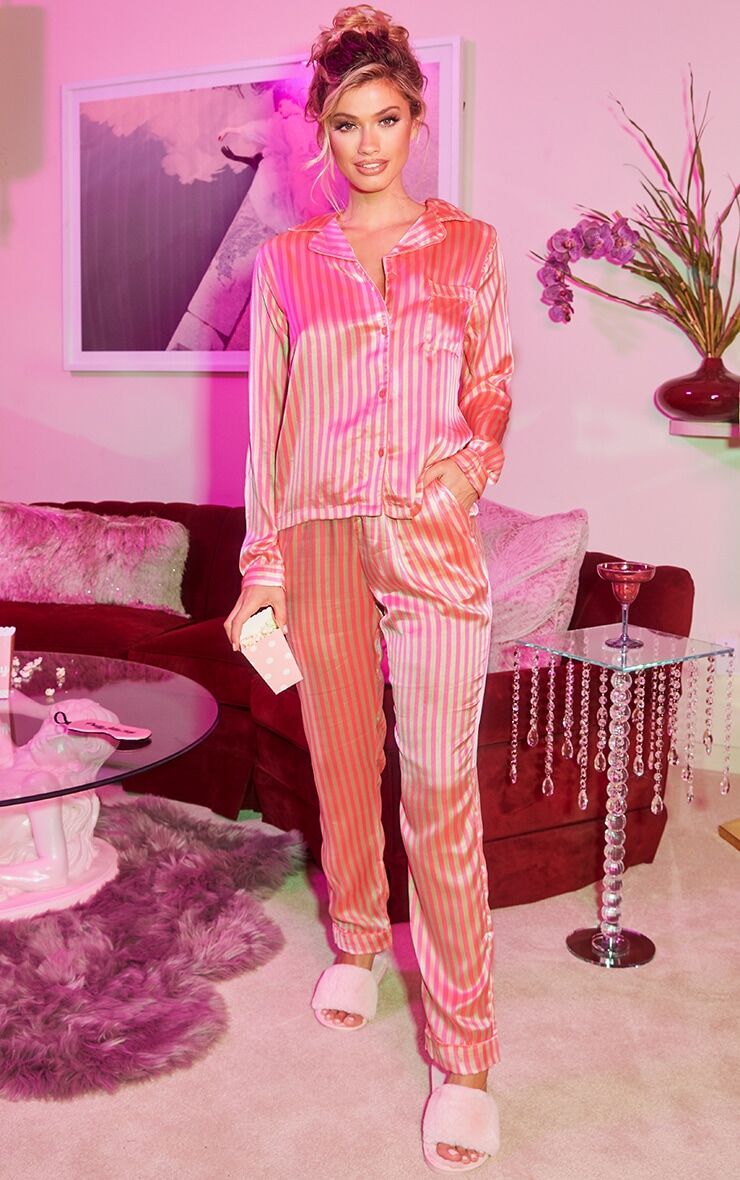 PrettyLittleThing Pink Long Striped Satin PJ Set  - Pink - Size: Small