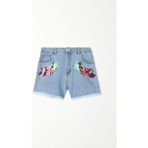 Tezenis Jeansblaue Shorts mit Paillettenstickerei Frau Größe L