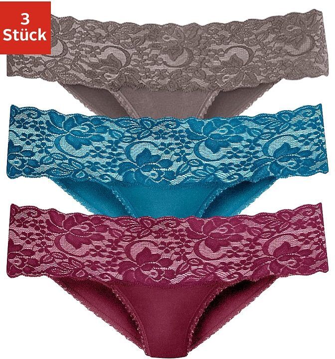 vivance active Brasilslip, (3 St.), mit breitem Spitzenbündchen blau Größe 32/34 36/38 40/42 44/46 48/50