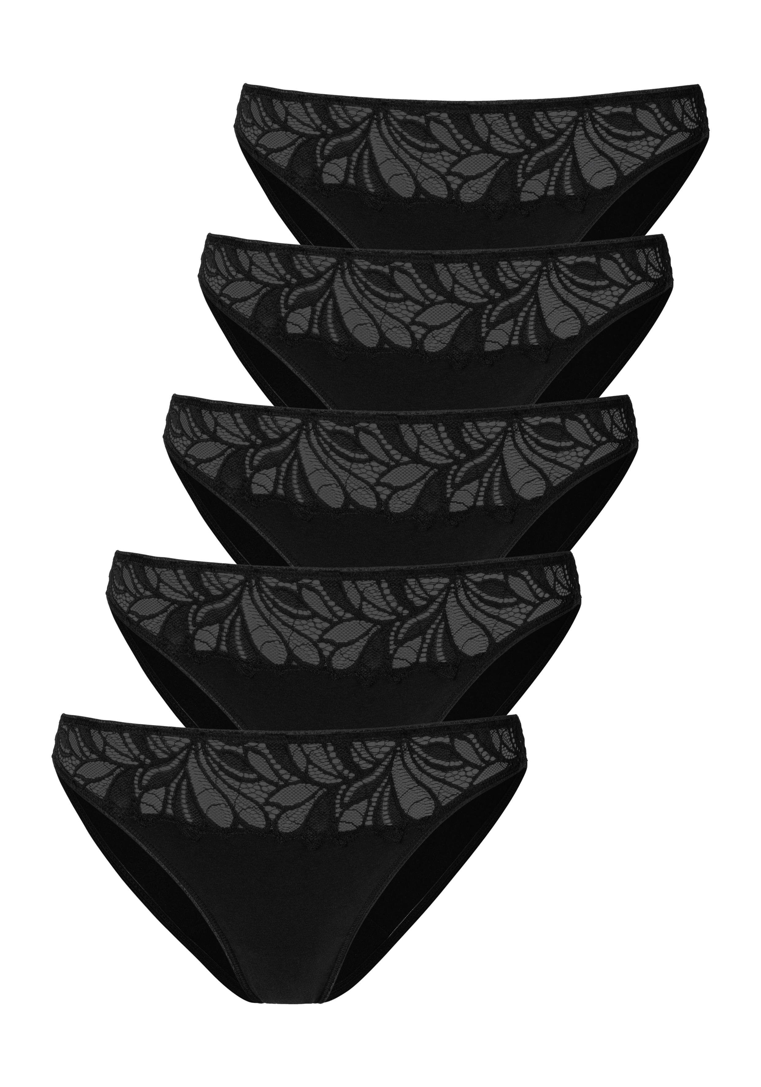 Vivance Bikinislip, (5 St.), mit floraler Spitze vorn schwarz Größe 32/34 36/38 40/42 44/46 48/50