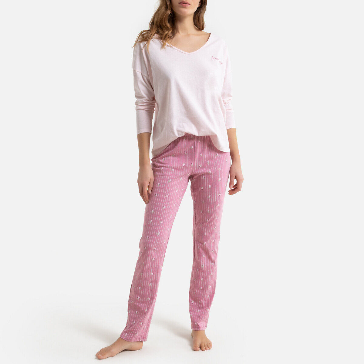 LA REDOUTE COLLECTIONS Pyjama mit V-Ausschnitt und langen Ärmeln, Bio-Baumwolle ROSA