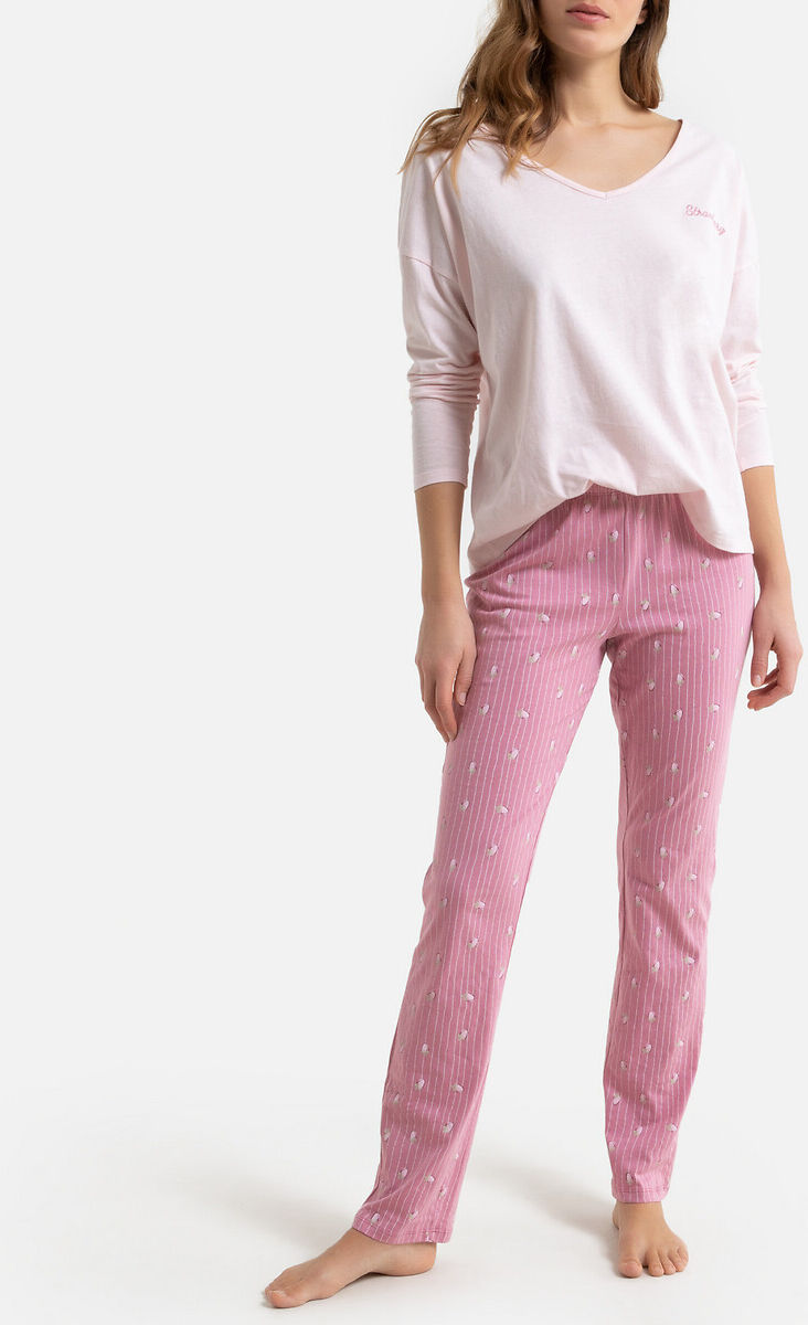 LA REDOUTE COLLECTIONS Pyjama mit V-Ausschnitt und langen Ärmeln, Bio-Baumwolle ROSA