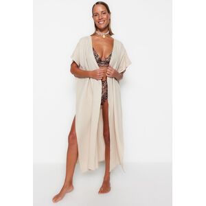 Trendyol Collection Beigefarbener Maxi-kimono Und Kaftan Aus Gewebtem Musselin Mit Gürtel Und Schlitz Aus 100 % Baumwolle für Damen - 40