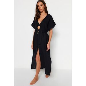 Trendyol Collection Schwarzer Maxi-kimono Und Kaftan Aus Gewebtem Musselin Mit Gürtel Und Schlitz Aus 100 % Baumwolle für Damen - 40