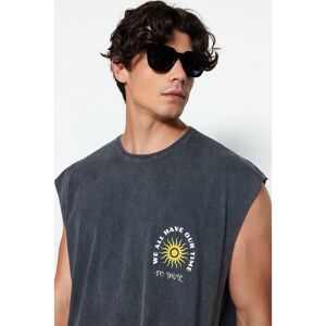 Trendyol Collection Anthrazitfarbenes, Übergroßes/weiter Geschnittenes T-shirt Mit Hellem Effekt Und Textdruck Aus 100 % Baumwolle/atlet für Herren - L