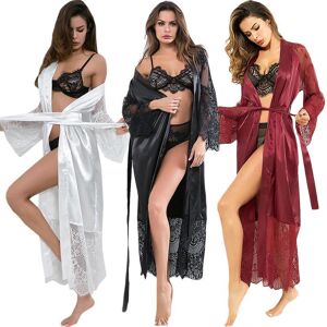 Secretie Damen-Bademantel Aus Spitze, Patchwork, Seide, Erotik, Kimono, Schnürung, Einfarbig, Dessous, Nachtwäsche, Langes Kleid, Wickelkleid