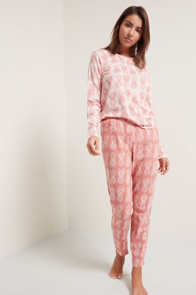 Tezenis Langer Pyjama aus Baumwolle mit Ananasprint Frau Rosa Größe L