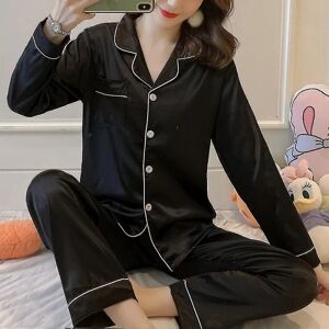 Kvinder Satin Silke Look Nattøj Pyjamas Langærmet Nattøj Sæt Black XL