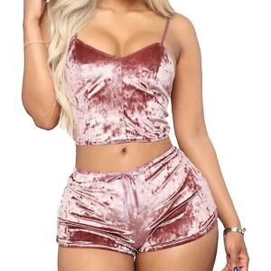 kvinnor Underkläder Sexiga underkläder Pyjamassæt Velvet Cami Crop Pink L