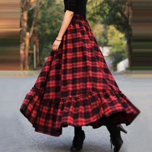 Sexy Dance Kvinder Plaid høj talje Lace Up Lang nederdel A-line Maxi nederdele Röd XL