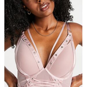 Hunkemoller HunkemÃ¶ller - Aida - BrassiÃ¨re longue pigeonnante en tulle et PU avec laniÃ¨res - Bois de rose Rose 90A female - Publicité