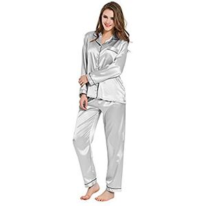 Ladieshow Ensemble de Pyjama pour Femme, v¨ºtement de Nuit en Soie Satin¨¦e ¨¤ Manches Longues et Chemise de Nuit de Couleur Unie ¨¤ Boutons - Publicité