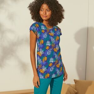Blancheporte Tee-shirt de pyjama en coton manches courtes - imprimé tropical - Blancheporte Bleu 42/44