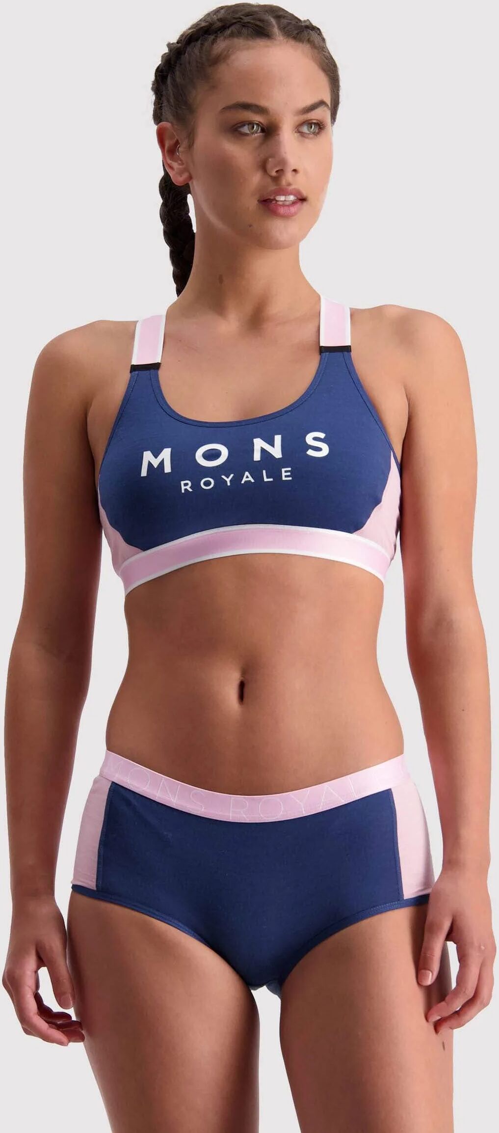 Mons Royale Women's Stella X-Back Sports Bra - Merino Wool, Dark Denim / Powder Pink / S