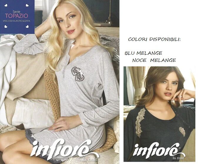 INFIORE Camicia Da Notte M-L Serafino Invernale Art.Top 620 Colore E Misura A Scelta BLU MELANGE 48