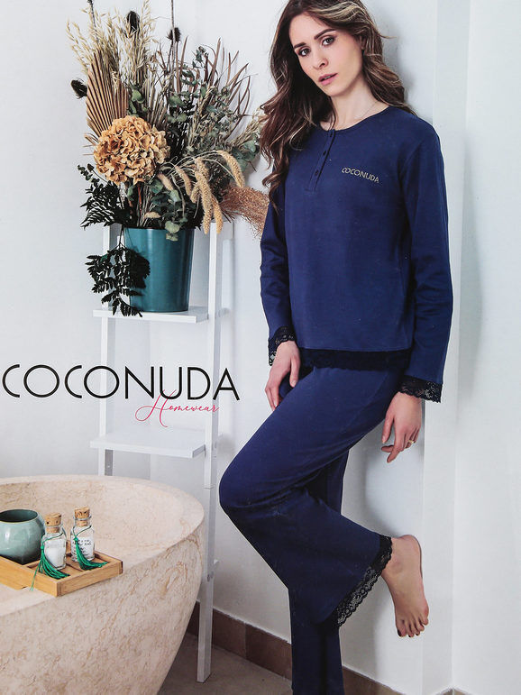 Coconuda Pigiama lungo donna in cotone con pizzo Pigiami donna Blu taglia XL