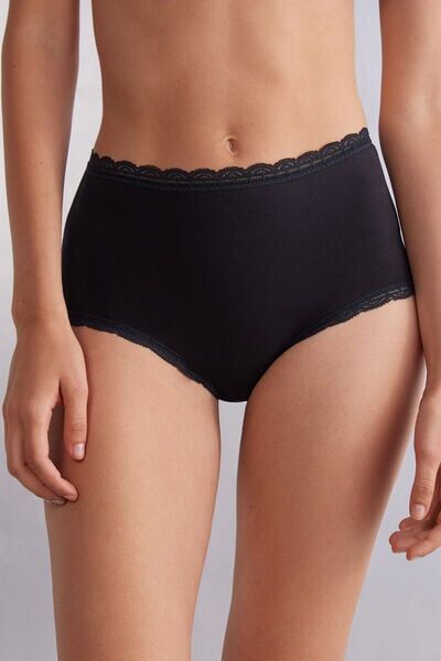 Intimissimi Culotte a Vita Alta in Cotone e Pizzo Donna Nero Taglia 1