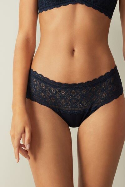 Intimissimi Slip Alto in Pizzo e Cotone Donna Blu Taglia 2