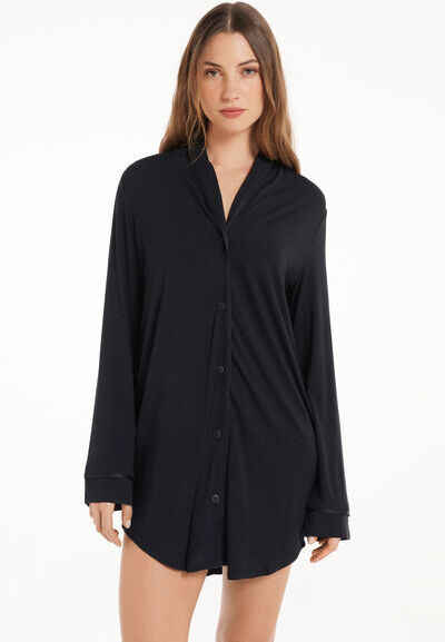 Tezenis Camicia da Notte Manica Lunga con Bottoni Profili Raso Donna Nero Tamaño M