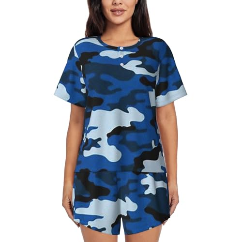 WURTON Blauw Camo Print Dames Shorts Pyjama Set Korte Mouw Nachtkleding Nachtkleding Nachtkleding Pjs S-4XL, Zwart, XXL