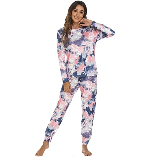 UnoSheng Nachthemd Dames Viscose Dames Pyjama Print Sets met Lange Mouwen, Button-Down Nachtkleding, Nachtkleding, Zachte Sets Nachtkleding Dames Sexy Winter, blauw, L