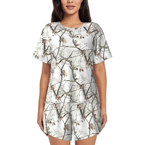 WURTON Witte Boom Camo Print Dames Shorts Pyjama Set Korte Mouw Nachtkleding Nachtkleding Nachtkleding Pjs S-4XL, Zwart, L