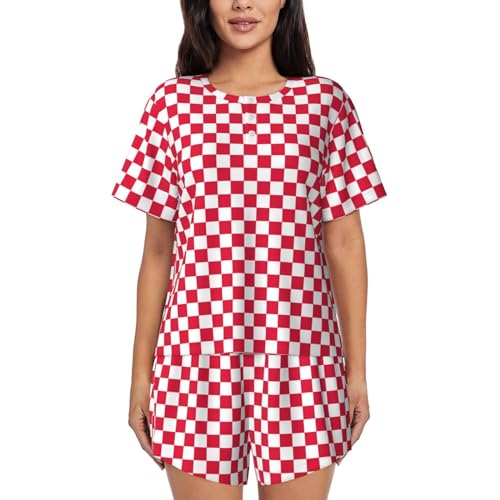 WURTON Rood wit Print Dames Shorts Pyjama Set Korte Mouw Nachtkleding Nachtkleding Nachtkleding Pjs S-4XL, Zwart, S