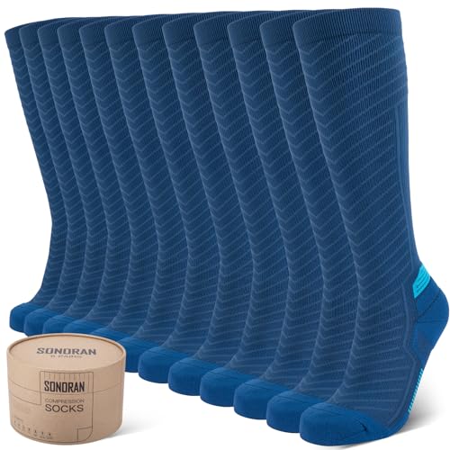 SONORAN Compressiekousen voor dames en heren, 6 paar, compressiekousen 20-30 mmHg compressiekousen voor mannen en vrouwen is het beste voor hardlopen, reizen, sport L/XL blauw, Blauw, Large-X-Large