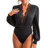 CUPSHE Bodysuit voor dames, kant, diepe V-hals, lange mouwen, bodysuit, party, shirt met diepe dieptepunt, Zwart, M