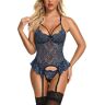 EVELIFE Sexy Lingerie voor Vrouwen Ondeugende Kant Lingerie Teddy Bodysuit Met Bretels Riemen Lingerie Set Met Kousenband (Geen Kousen), Blauw, M