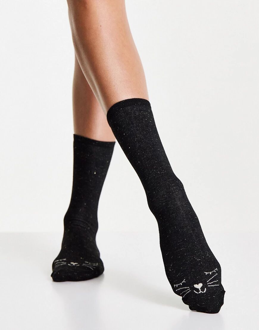 Accessorize socks with cat face in black  Black