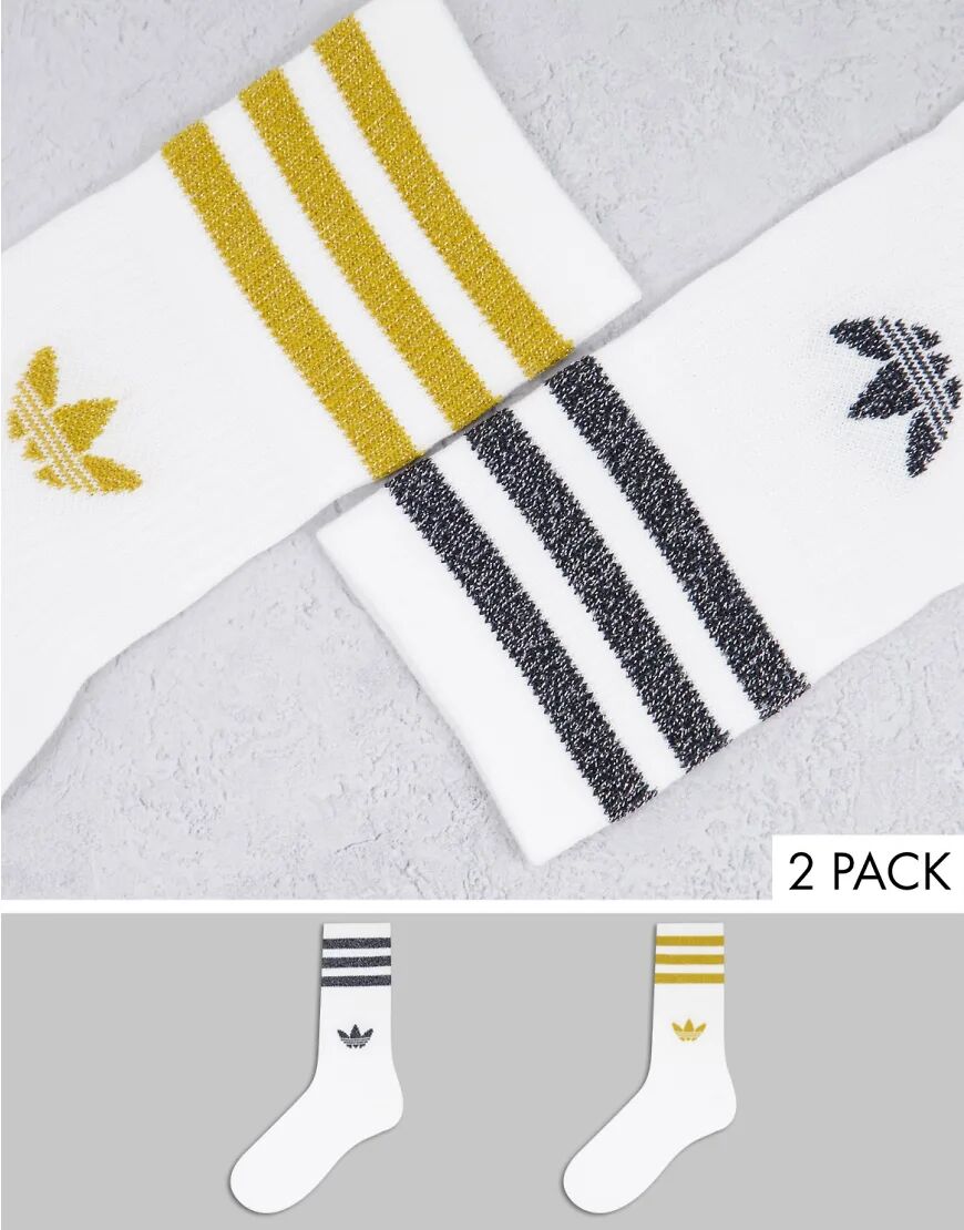 adidas Originals adicolor 2 pack mid length socks in white with glitter  White