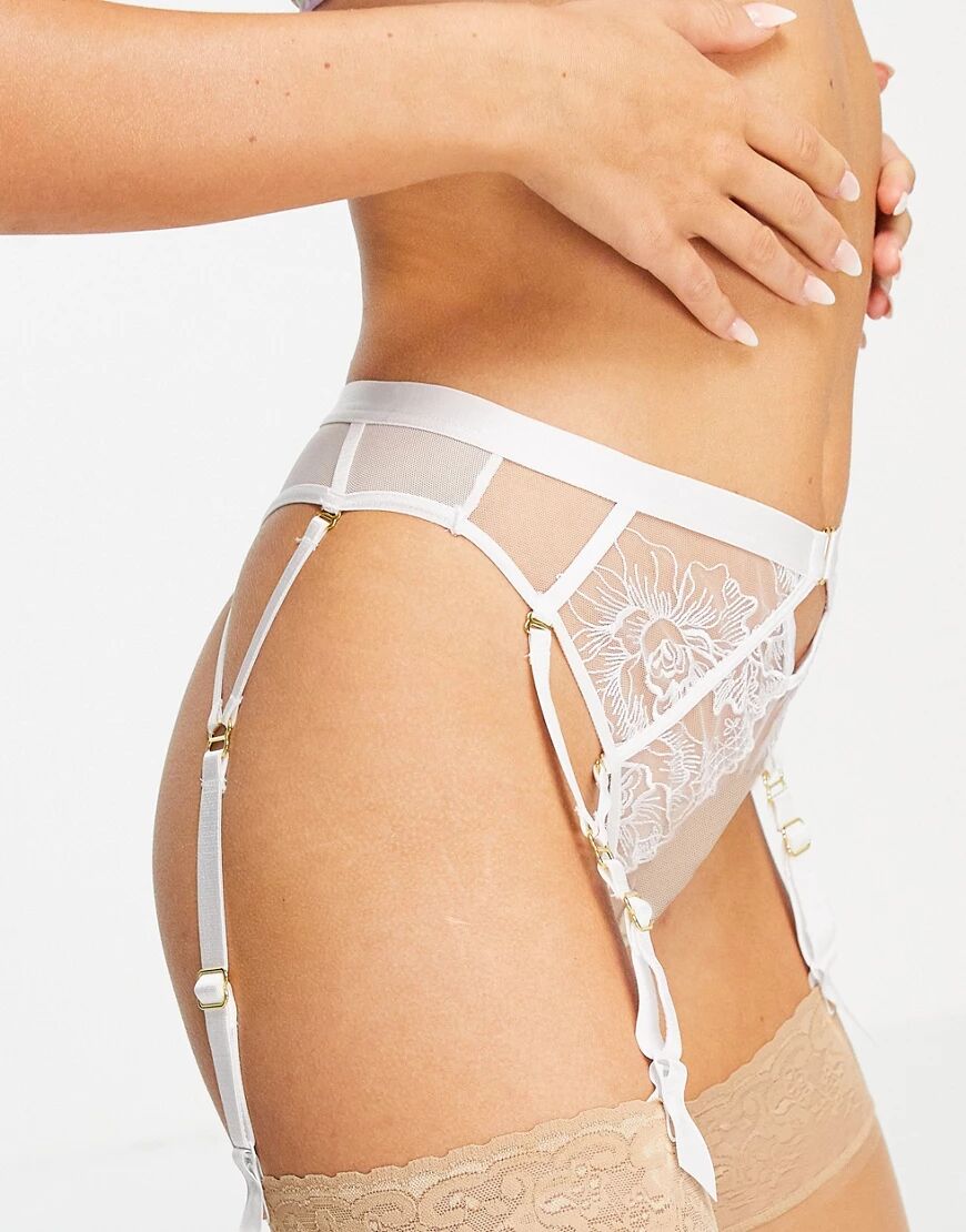 Ann Summers Superb sheer floral embroidered mesh high waist thong with removeable suspenders in white  White