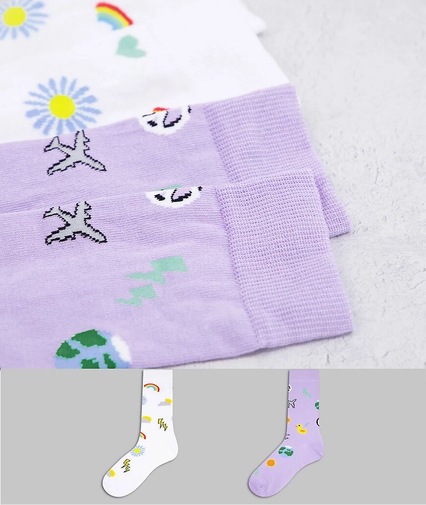 ASOS DESIGN 2 pack all over doodle ankle socks-Multi  Multi