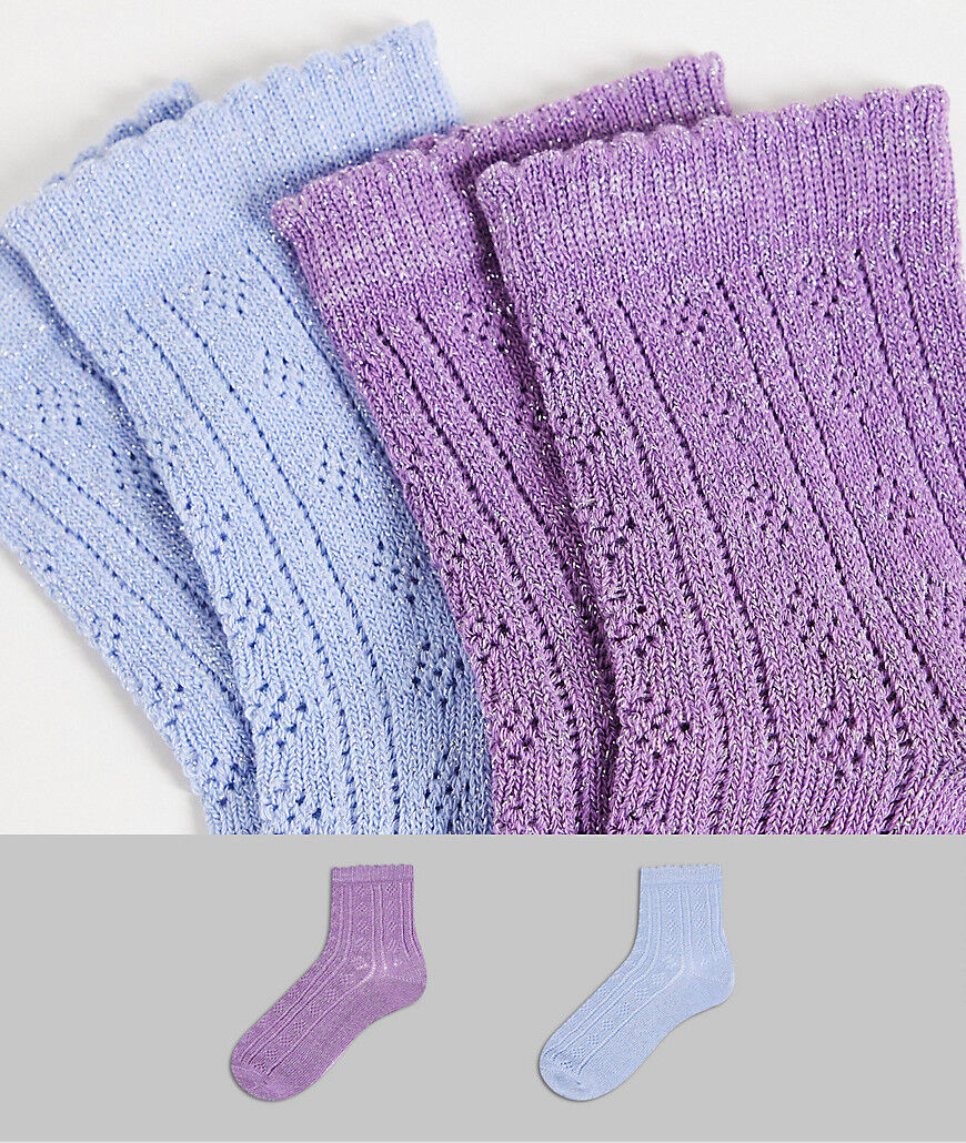 ASOS DESIGN 2 pack pelerine ankle socks with scallop edge in blue and purple glitter-Multi  Multi